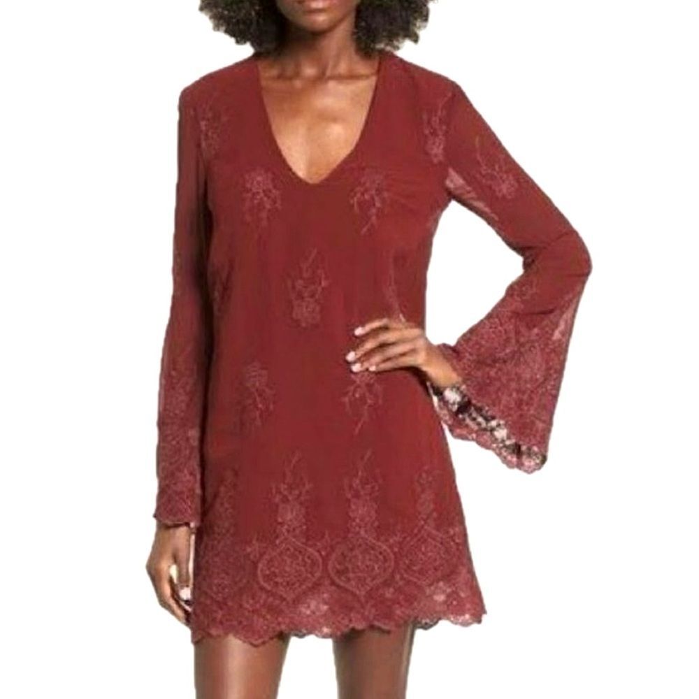 WAYF Sheer Floral Embroidered Lace Dress Size Small Halifax Bell Sleeve Shift